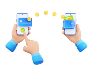 transfer money mobile banking online payment concept with hands holding smartphones sending dollar coins. International transaction, electronic wallet